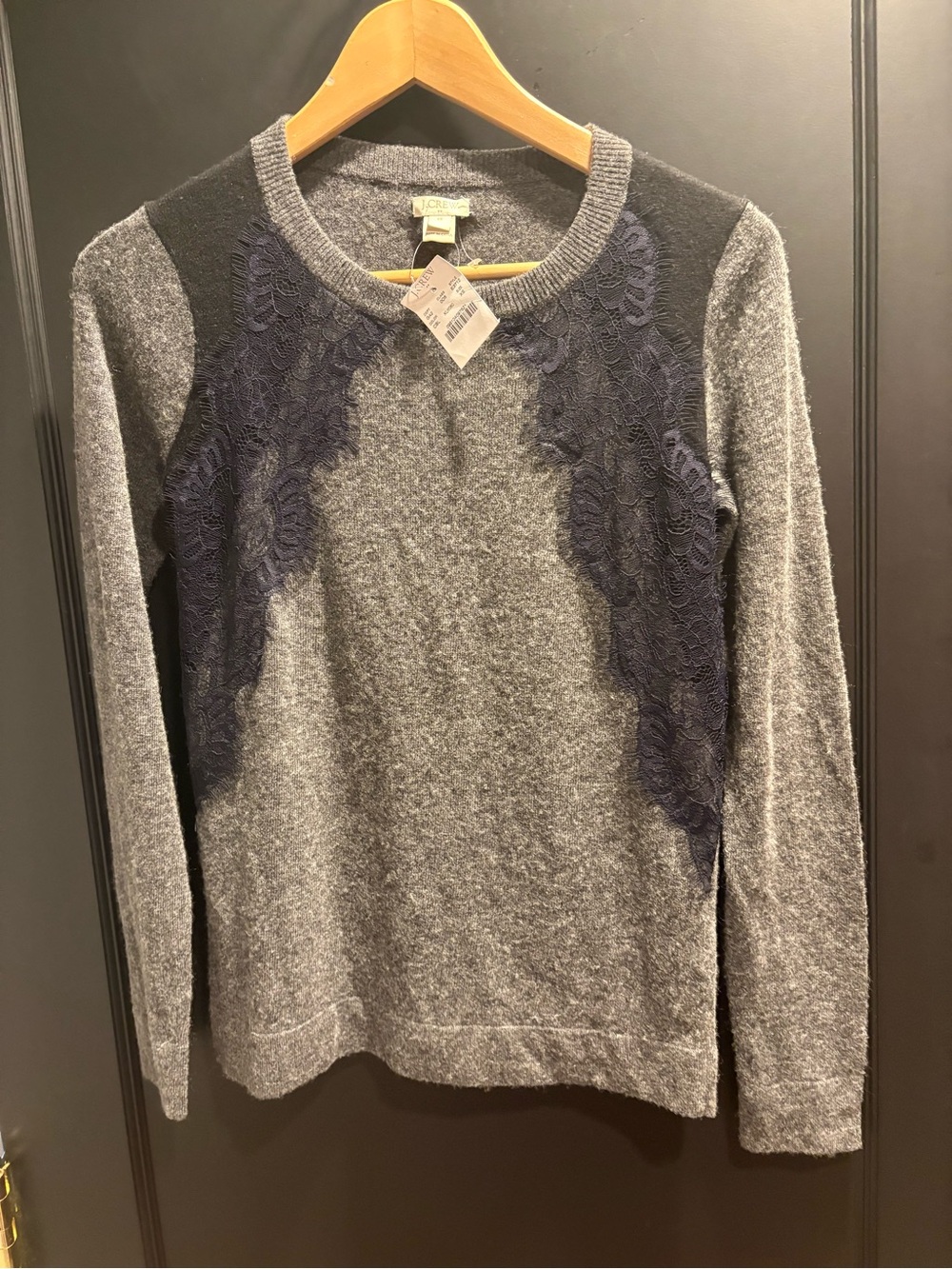 J. Crew Gray Crewneck Sweater with Navy Lace color block nwt as is pilling xs